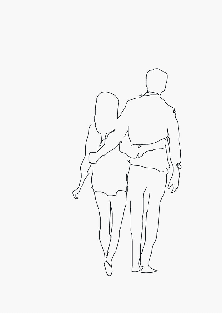 Line art print, Line drawing. Couple walking together. 