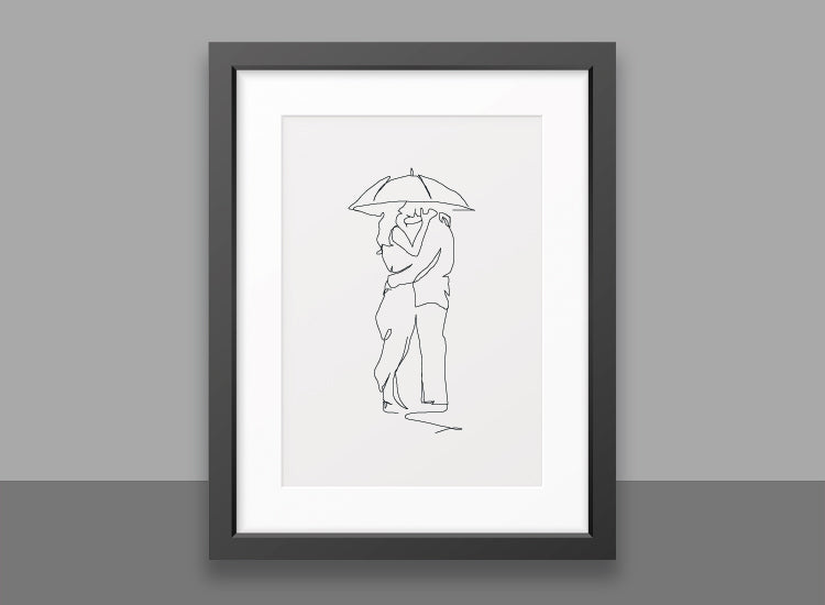 Line art print, Line drawing. Couple kiss in the rain.