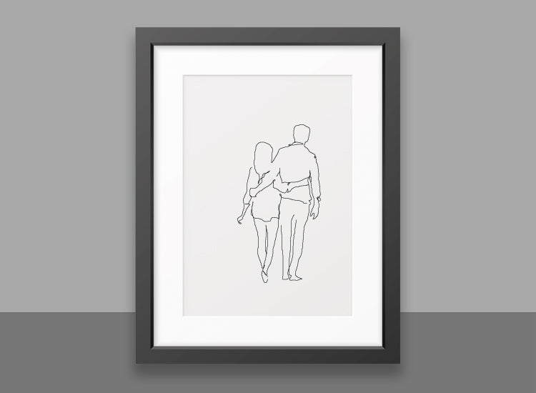 Line art print, Line drawing. Couple walking together. 