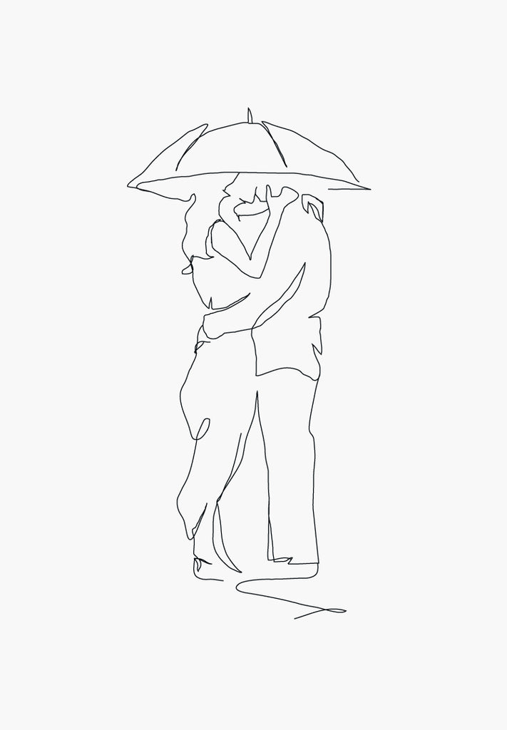 Line art print, Line drawing. Couple kiss in the rain.